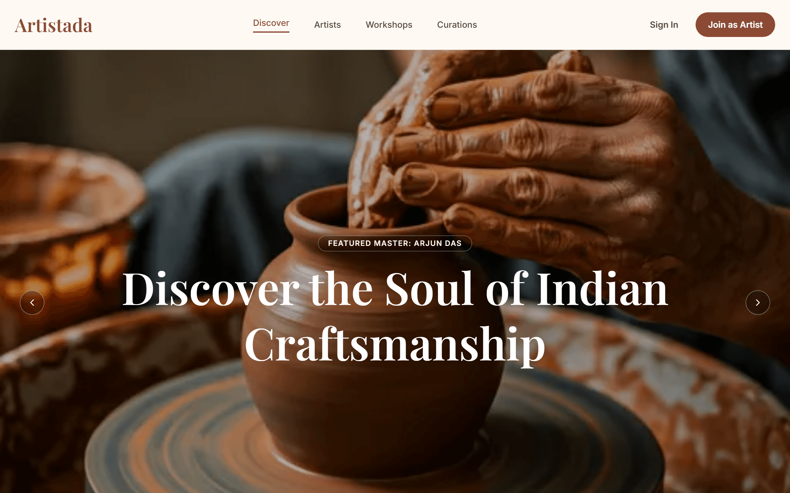 Artist Ada marketplace home page for Indian craftsmanship