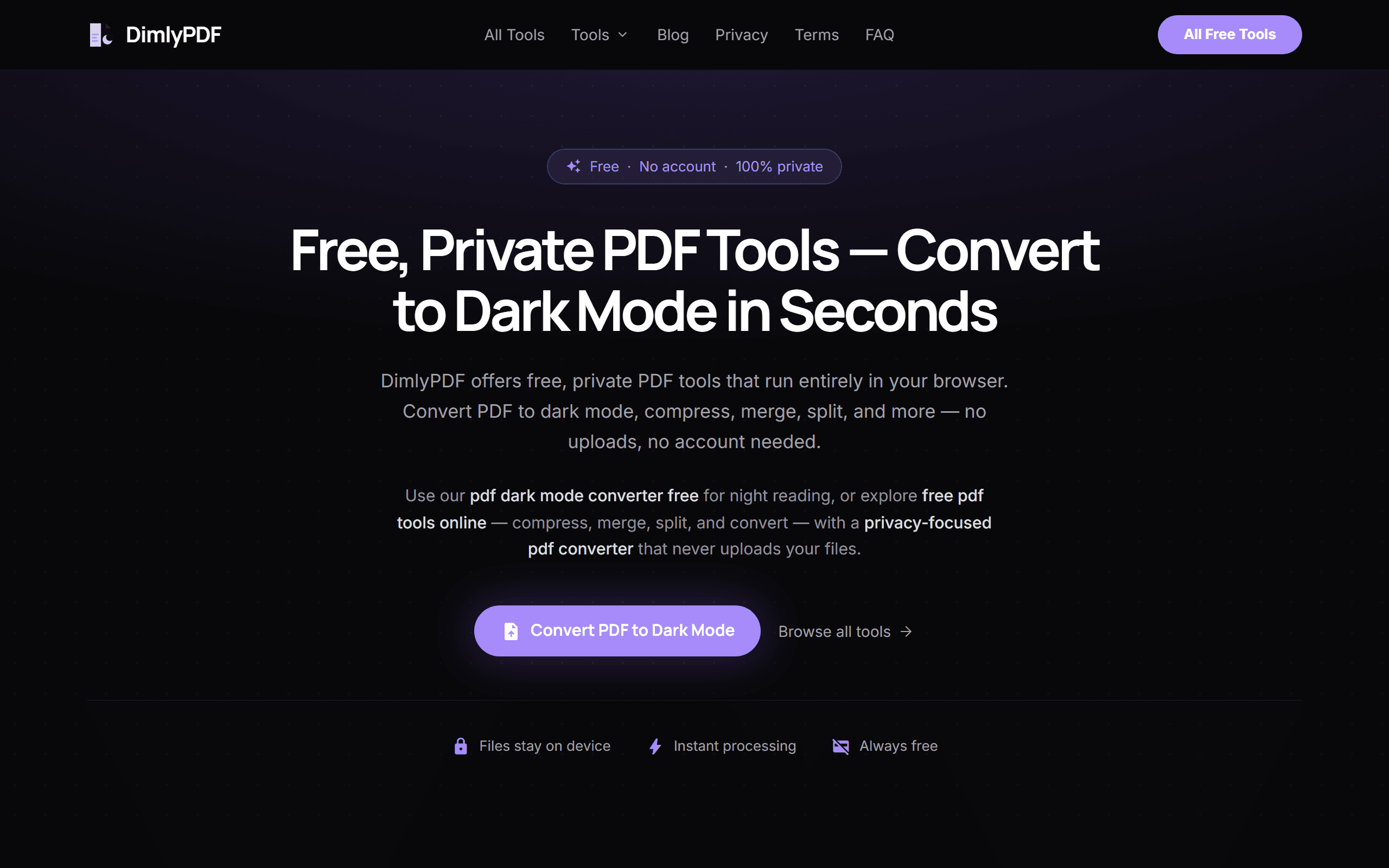 DimlyPDF home page, a free private PDF dark mode converter