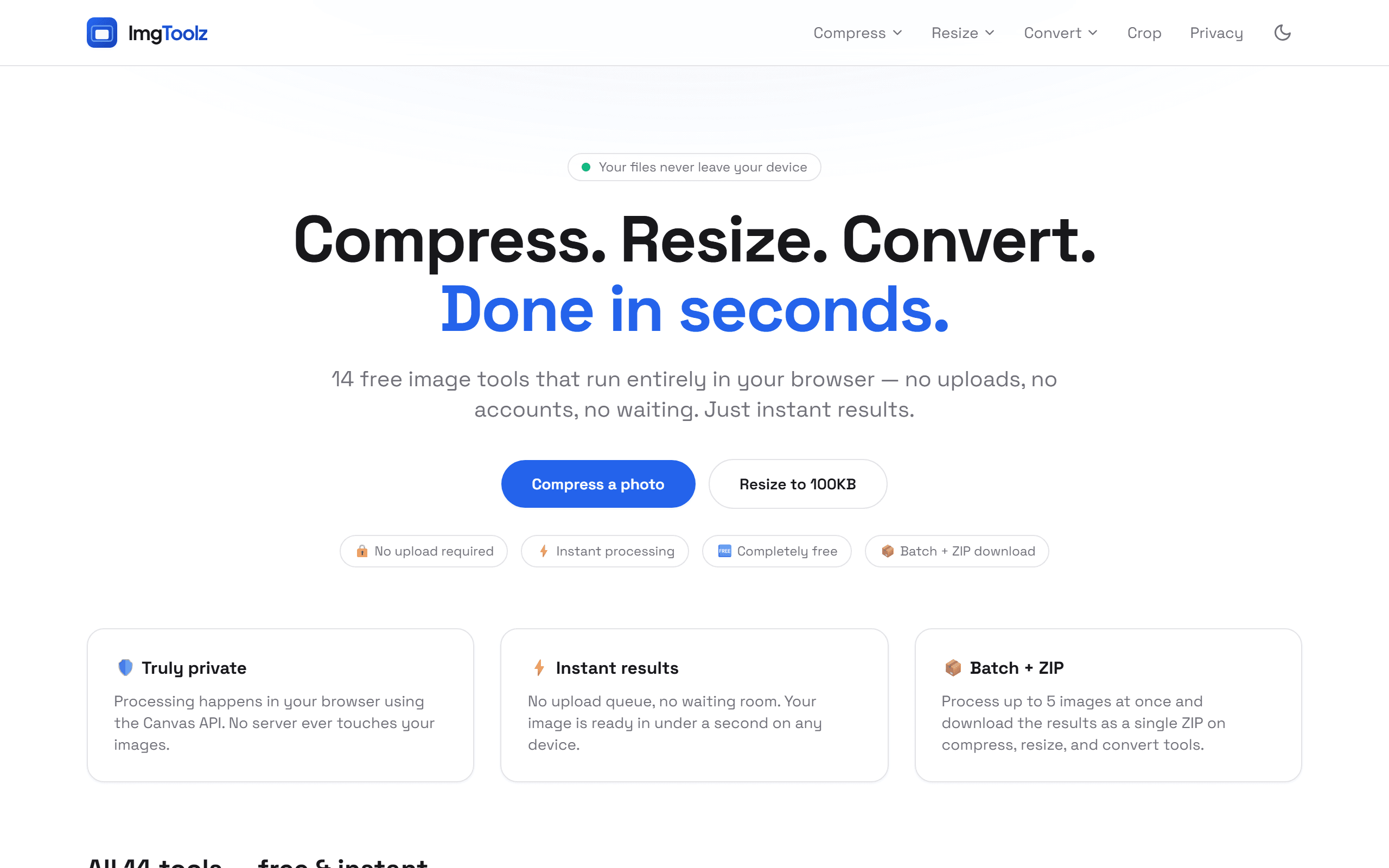 ImgToolz home page, a free in browser image toolkit