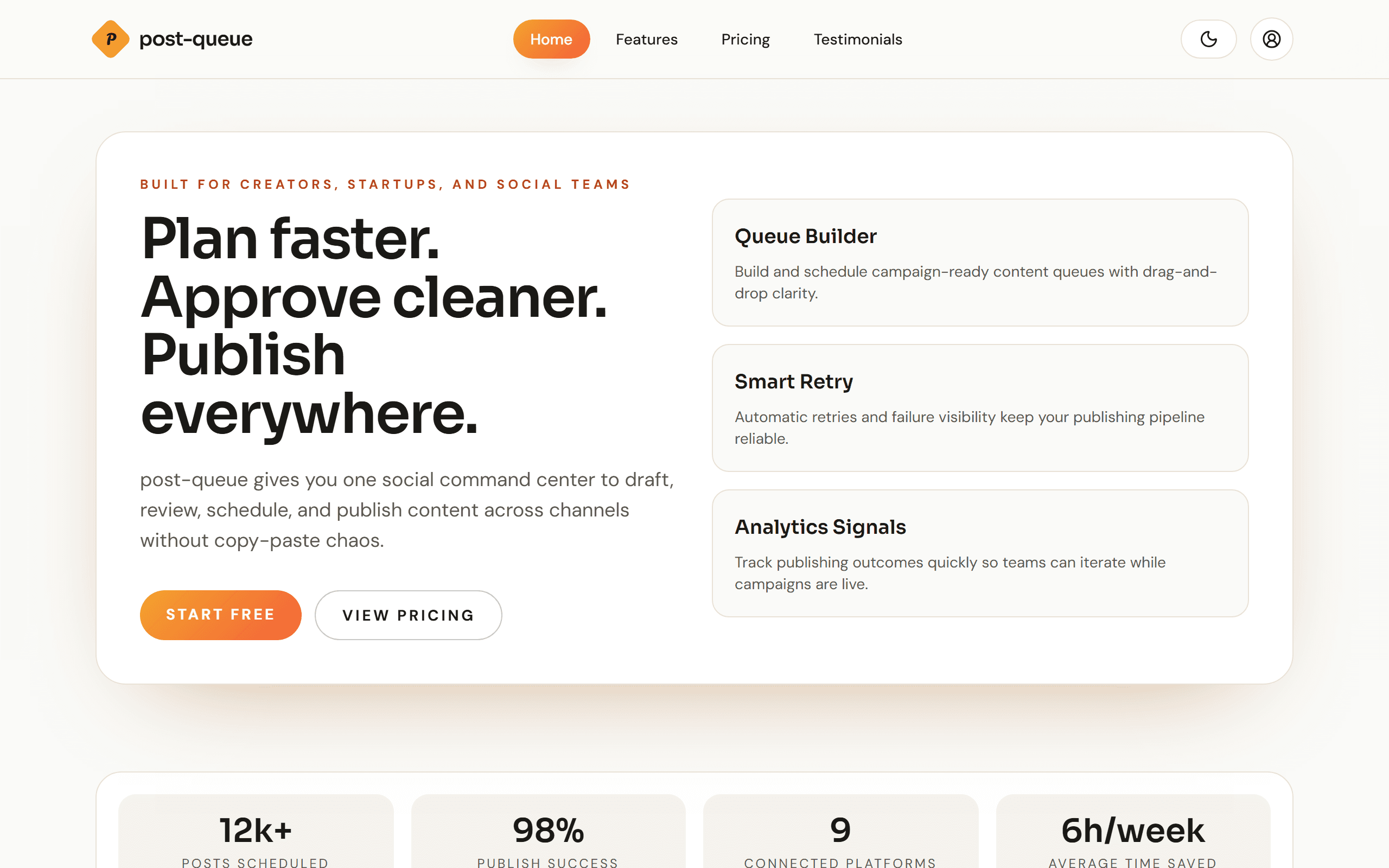 PostQueue marketing site and product dashboard