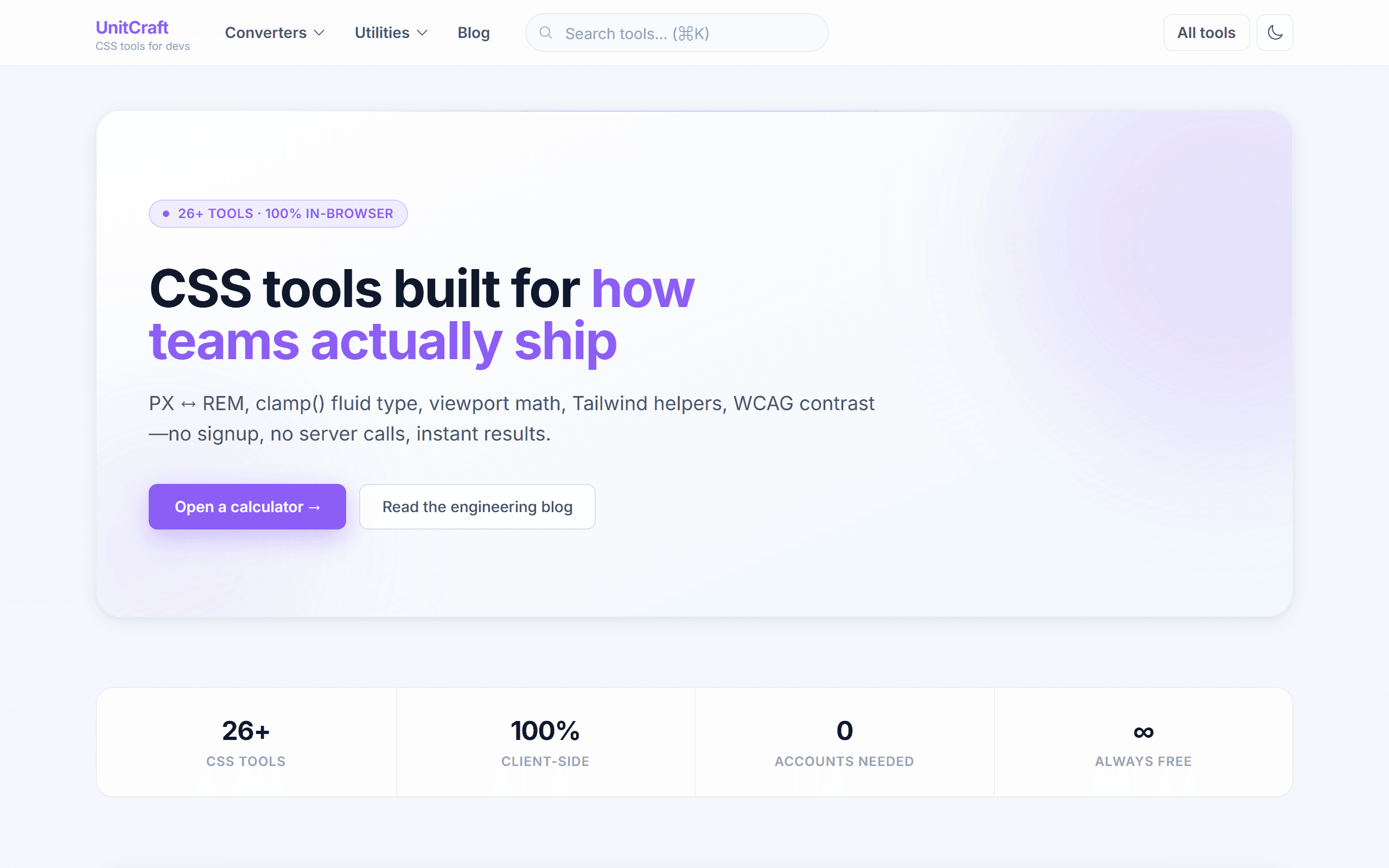 UnitCraft home page, in browser CSS tools for developers